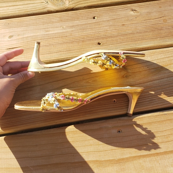 Miu Miu Gold and Floral Embellished Heels - Picture 6 of 10